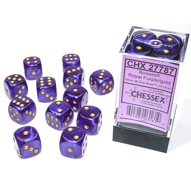 Chessex Borealis D6 sada kostek 12 ks purple gold