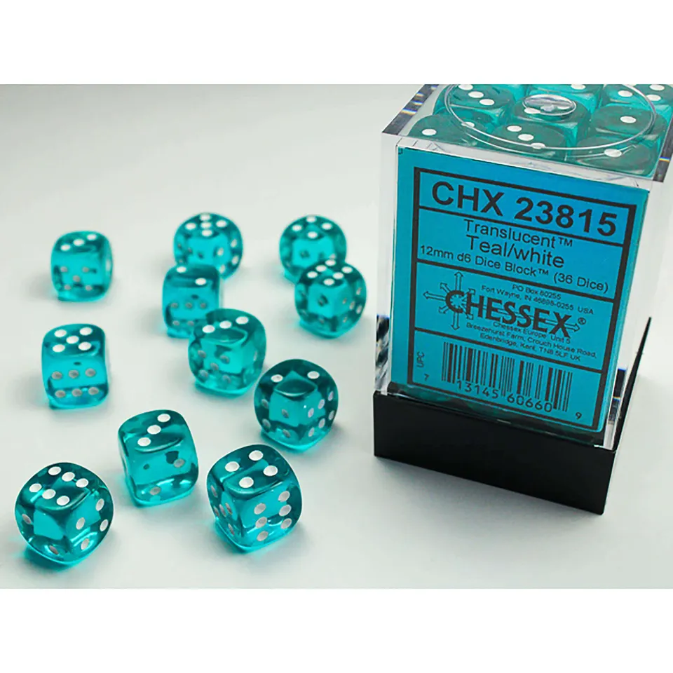Chessex Translucent D6 36x 12mm kostky teal bílá