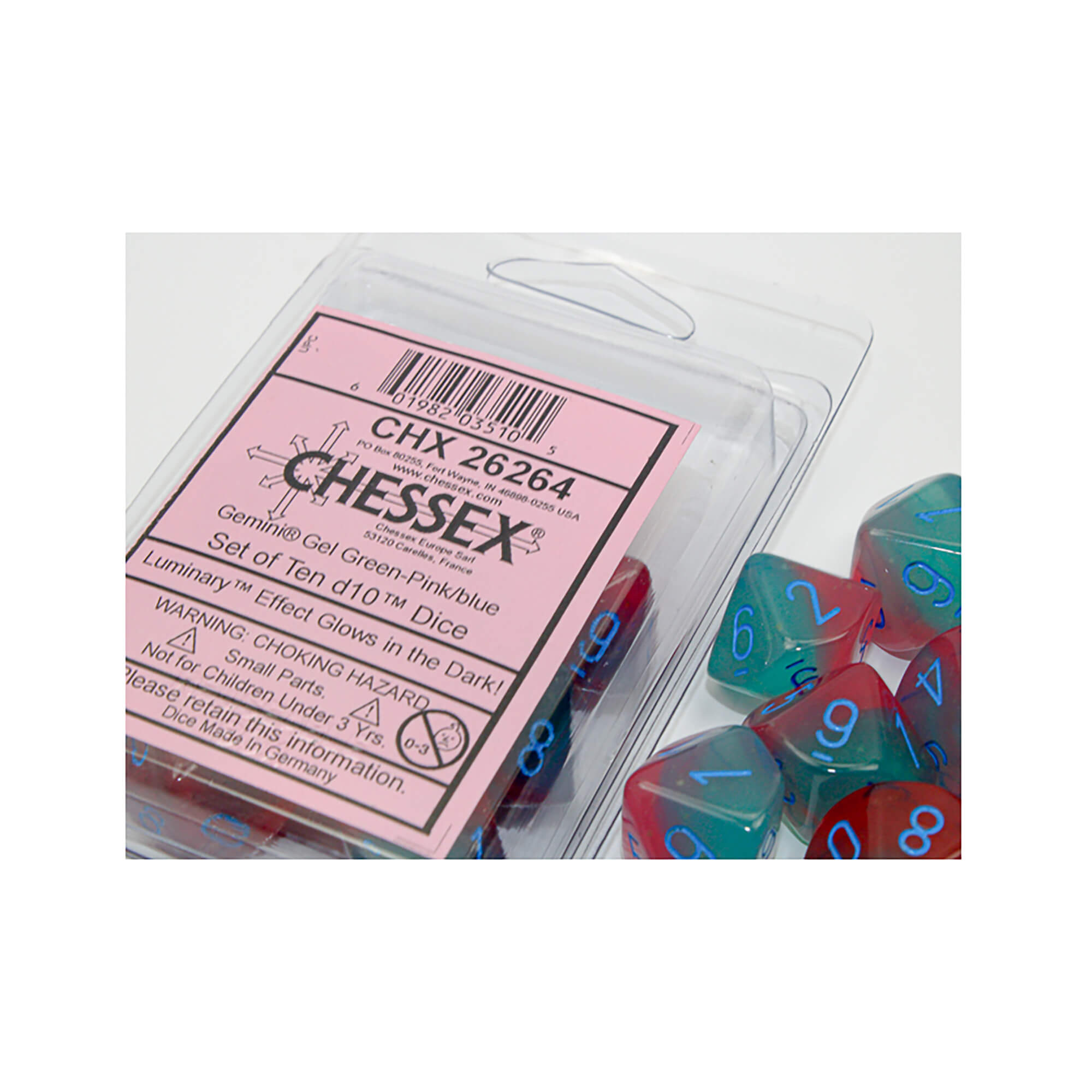 Chessex Gemini Gel Green-Pink D10 sada kostek 10 ks