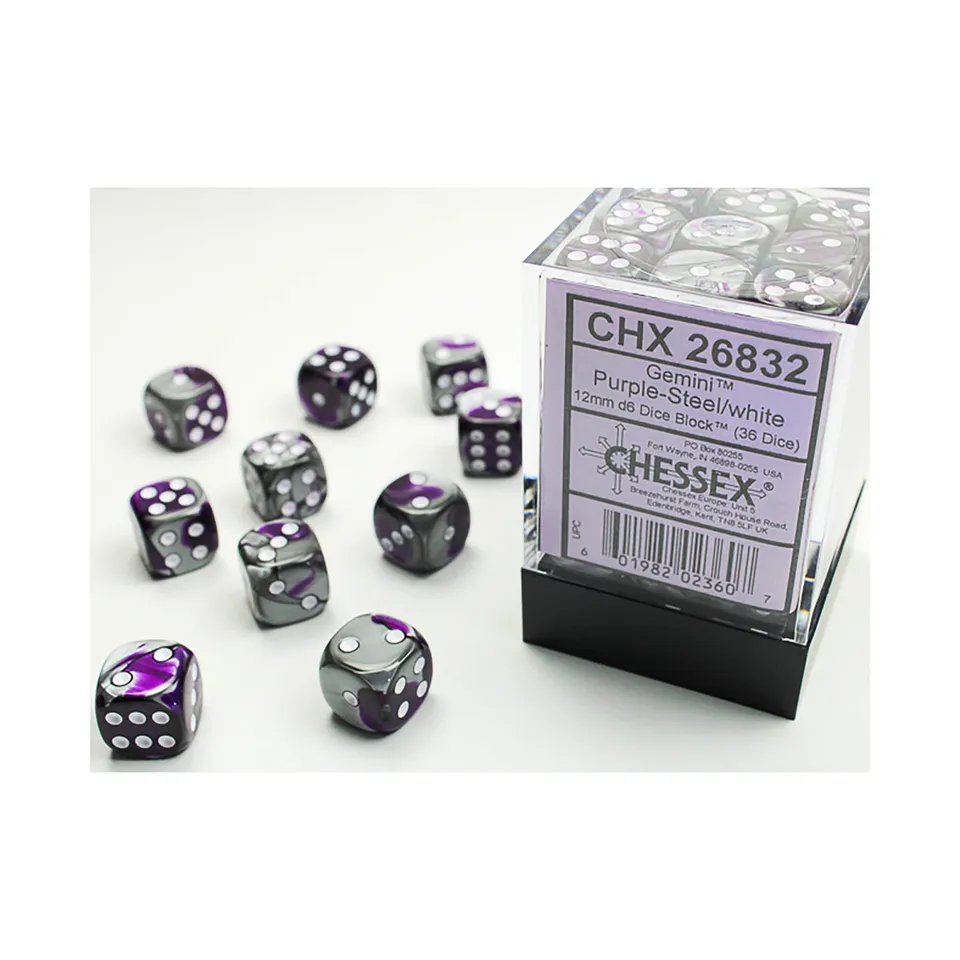 Chessex Gemini sada kostek D6 36ks Purple-Steel 12mm