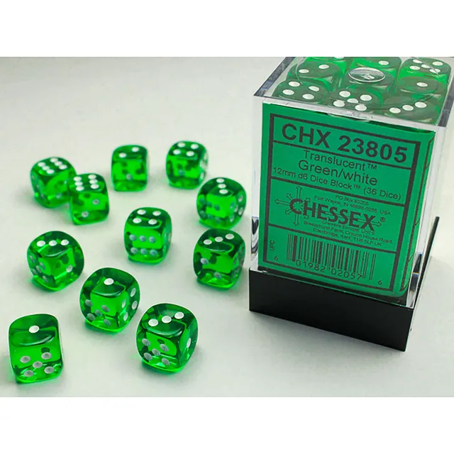 Chessex Translucent D6 36x 12mm kostky Green-White 36ks