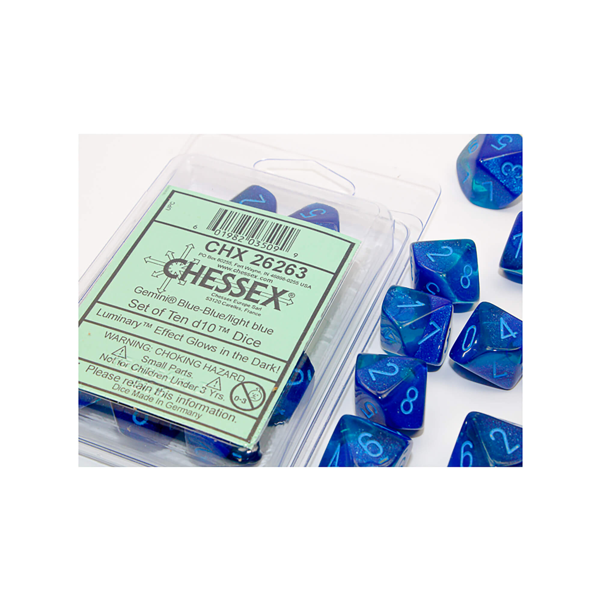 Chessex Gemini Blue Light Blue sada D10 kostek 10 ks svítící