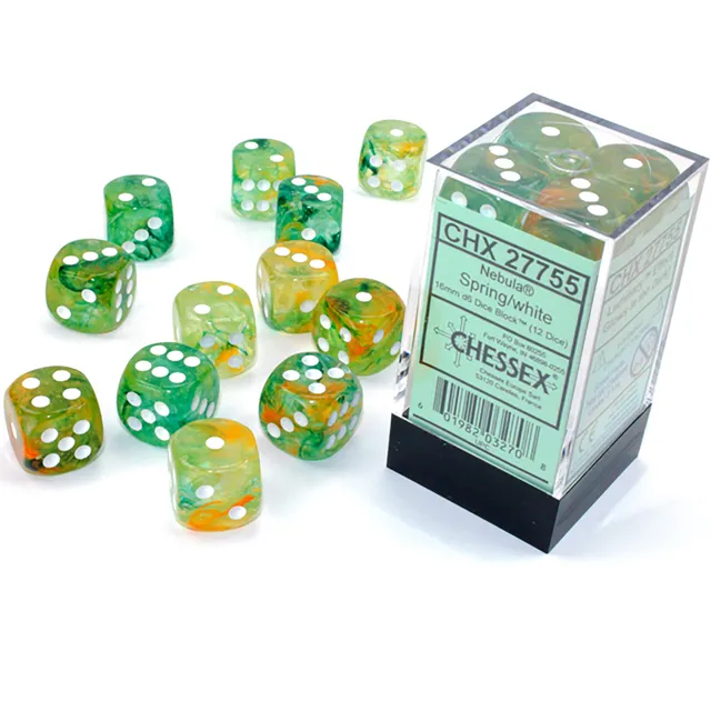 Chessex Nebula Spring White D6 kostky 12ks 16mm svítící
