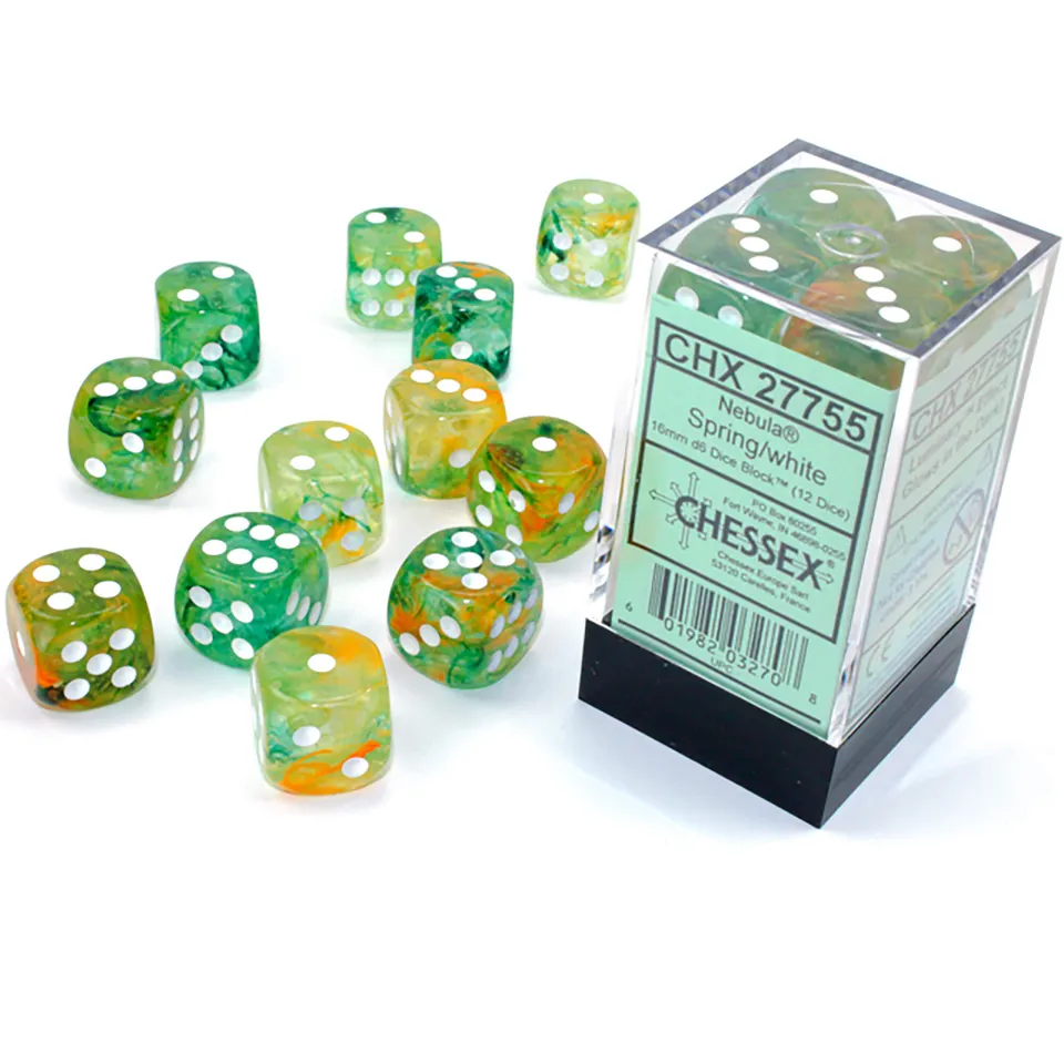 Chessex Nebula Spring White D6 kostky 12ks 16mm svítící