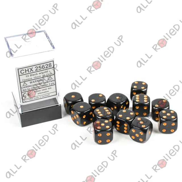 Chessex Opaque D6 sada 12 kostek Black Gold 16mm