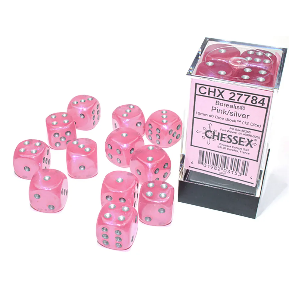Chessex Borealis Pink/Silver D6 kostky 16mm 12ks Luminary