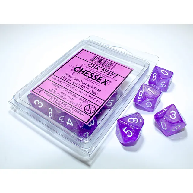 Chessex Borealis D10 sada kostek fialová bílá 10 ks Luminary