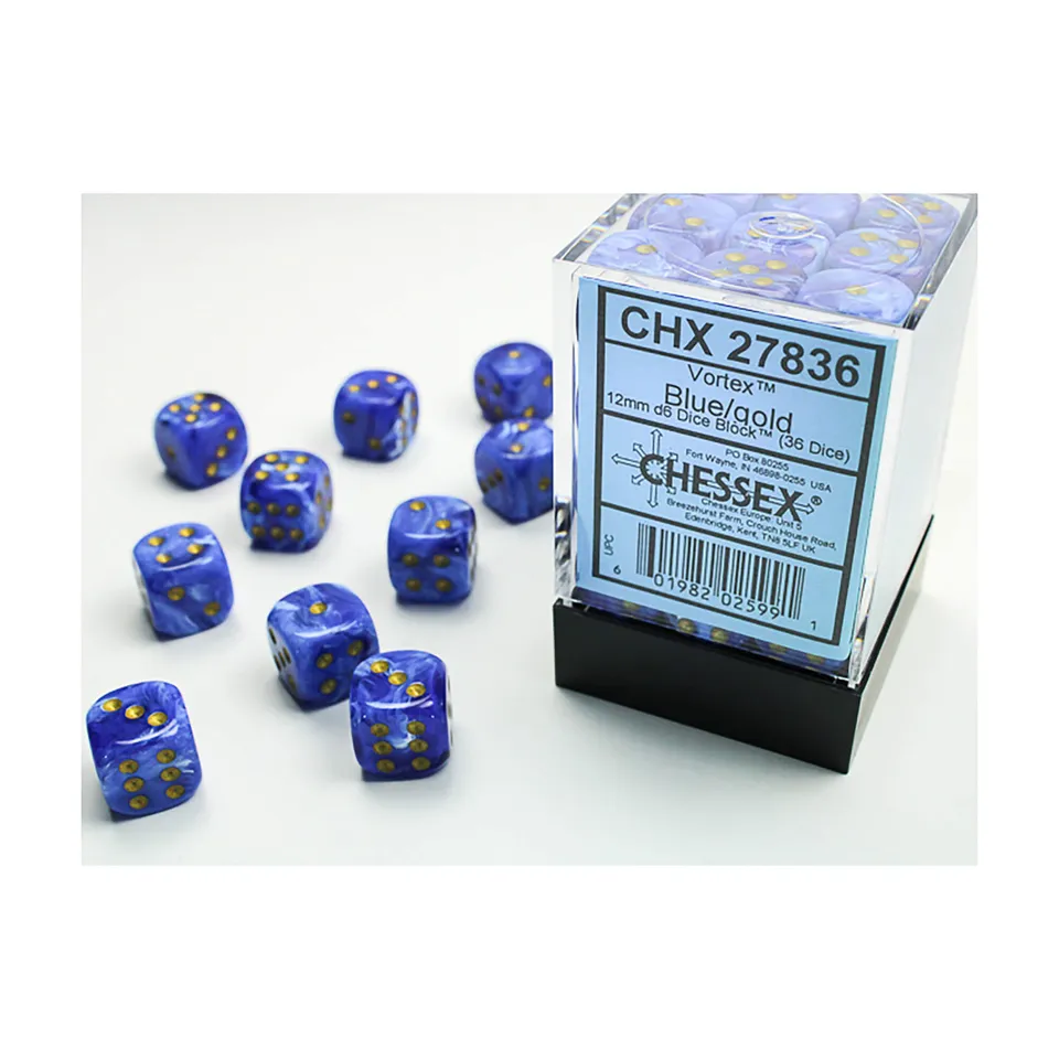 Chessex Vortex sada kostek D6 modro-zlatá 36 ks 12 mm