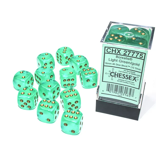 Chessex Luminary D6 12 kostek světle zelená zlatá