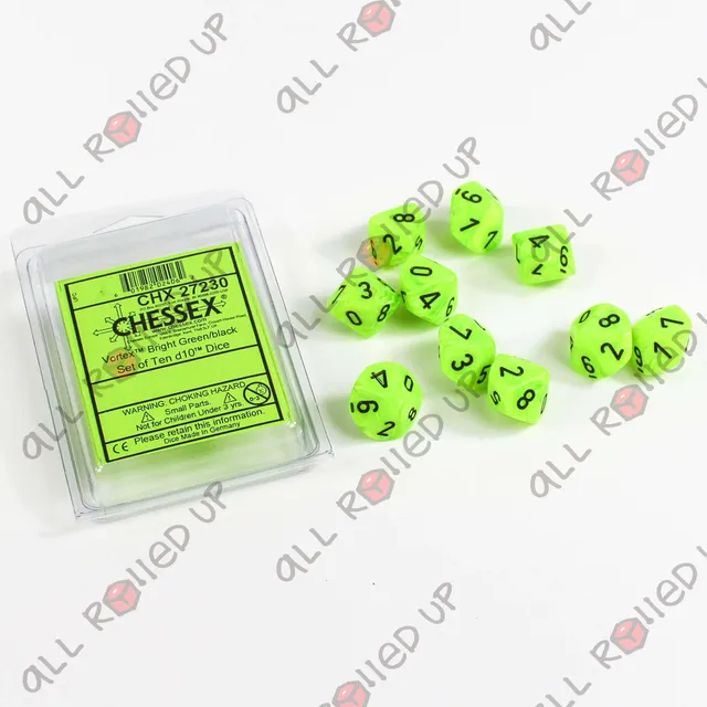 Chessex Vortex Bright Green Black sada kostek D10 10 ks