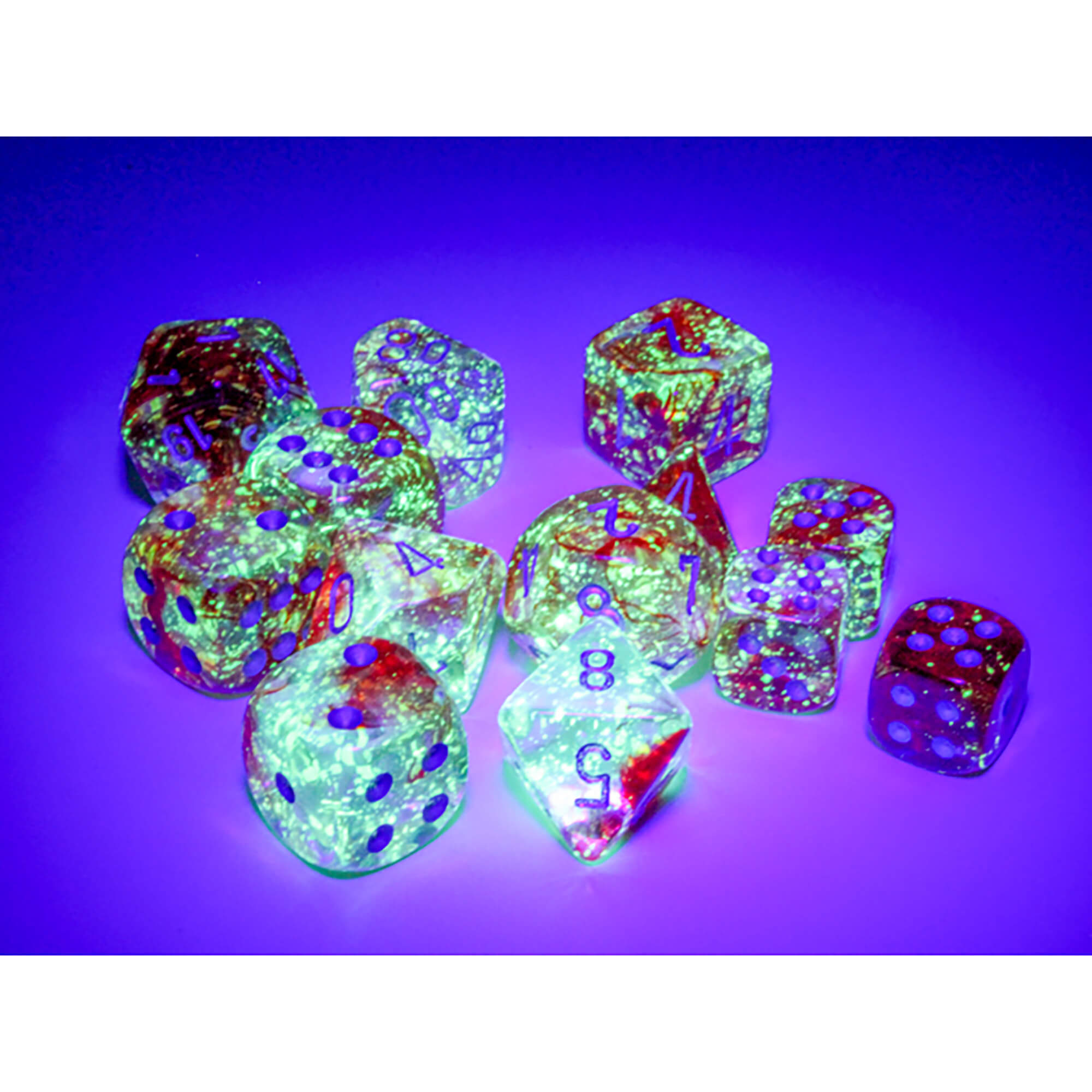 Chessex Nebula Red Silver sada D6 kostek 12 ks svítící