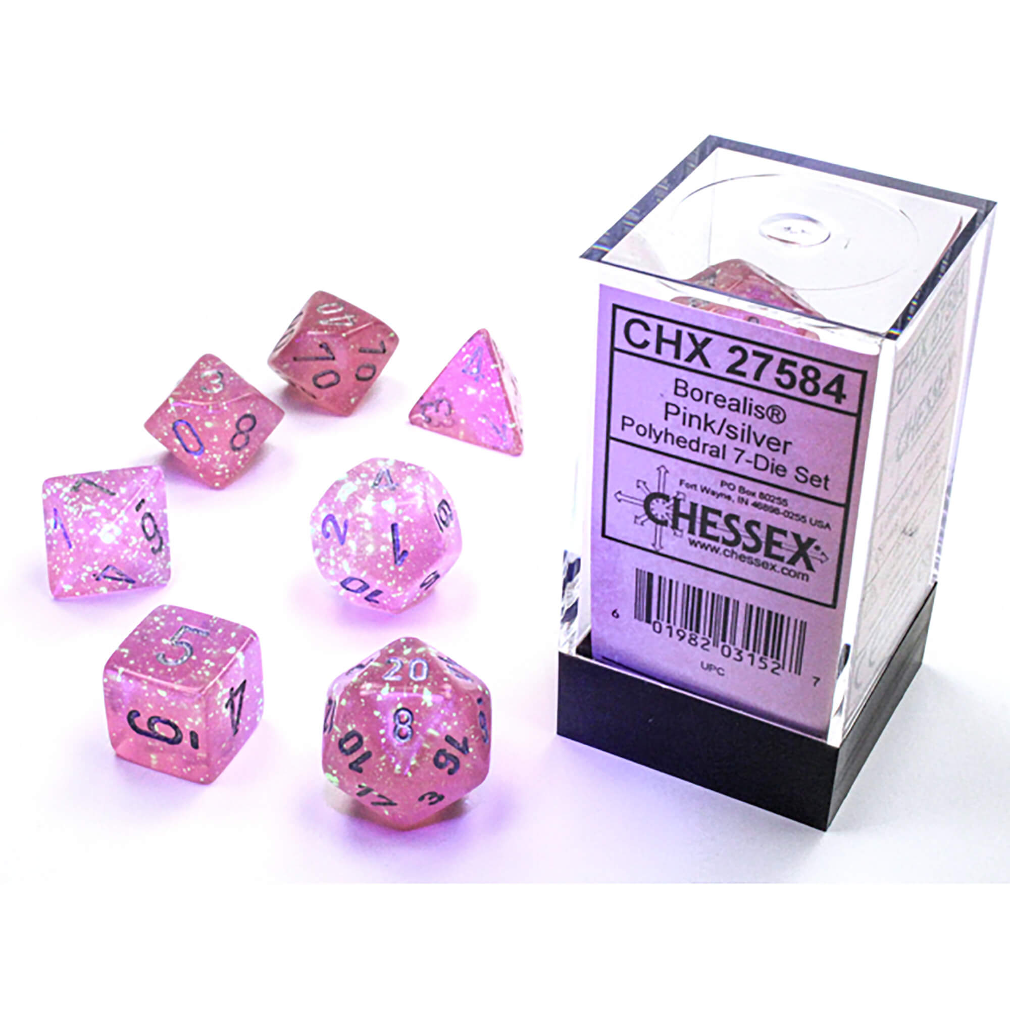 Chessex Borealis Pink Silver sada kostek 7ks svítící