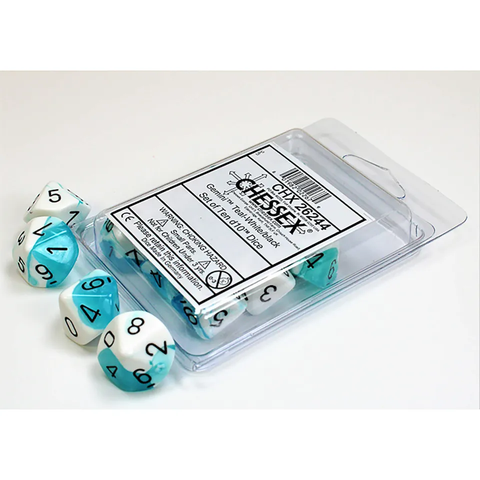 Chessex Gemini D10 sada kostek 10 ks teal-white desetistěnné