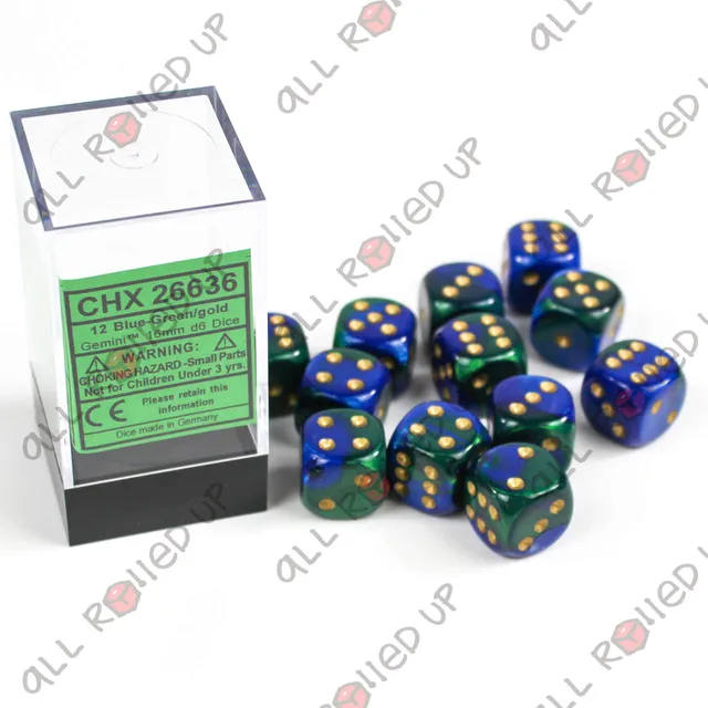 Chessex Gemini Blue-Green Gold sada kostek D6 12 ks