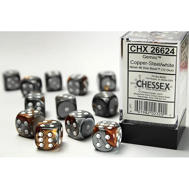 Chessex Gemini D6 sada kostek 12 ks 16 mm Copper-Steel
