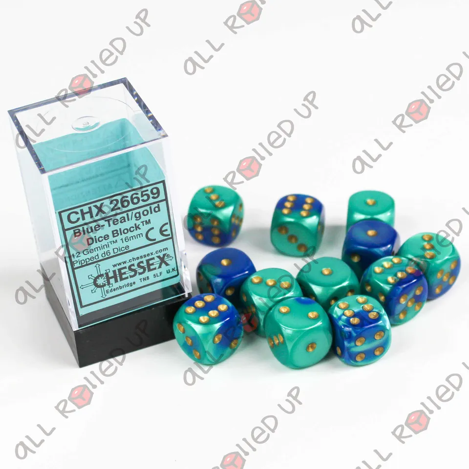 Chessex Gemini Blue-Teal Gold sada kostek D6 12 ks 16mm