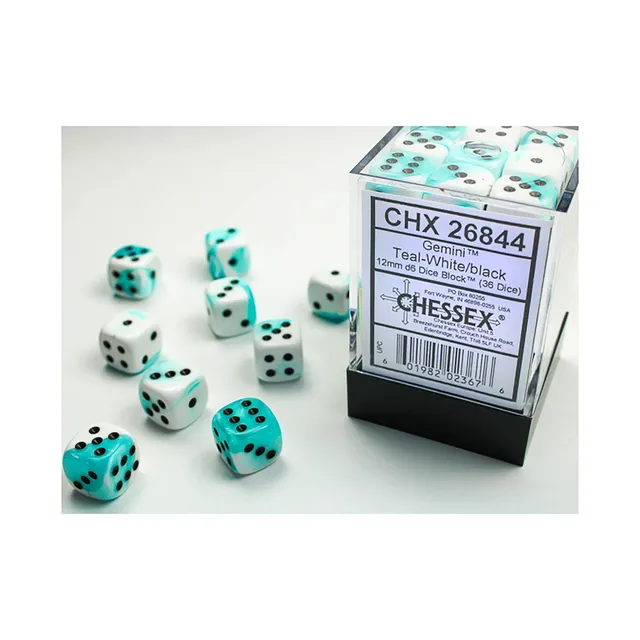 Chessex Gemini Teal-White/black sada kostek D6 36 ks 12mm