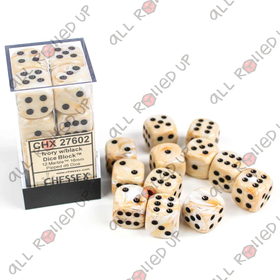 Chessex Marble D6 sada kostek 12 ks ivory black 16 mm