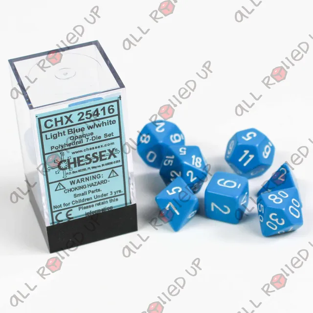 Chessex Opaque sada kostek 7ks světle modrá s bílou