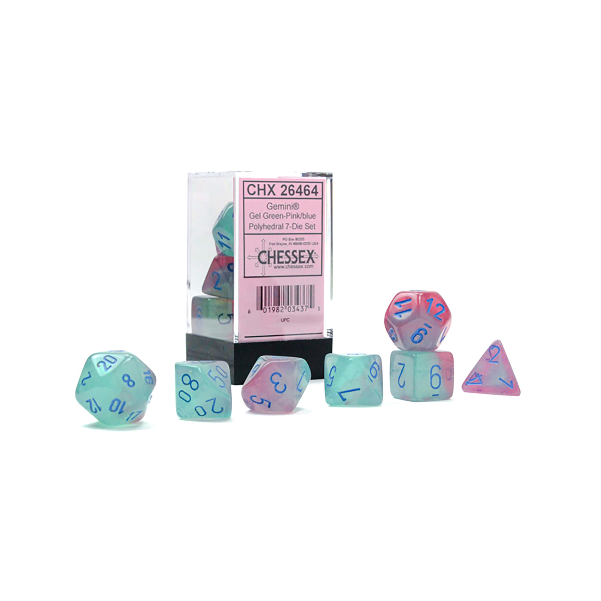 Chessex Gemini Gel Green-Pink sada kostek 7 ks včetně D20