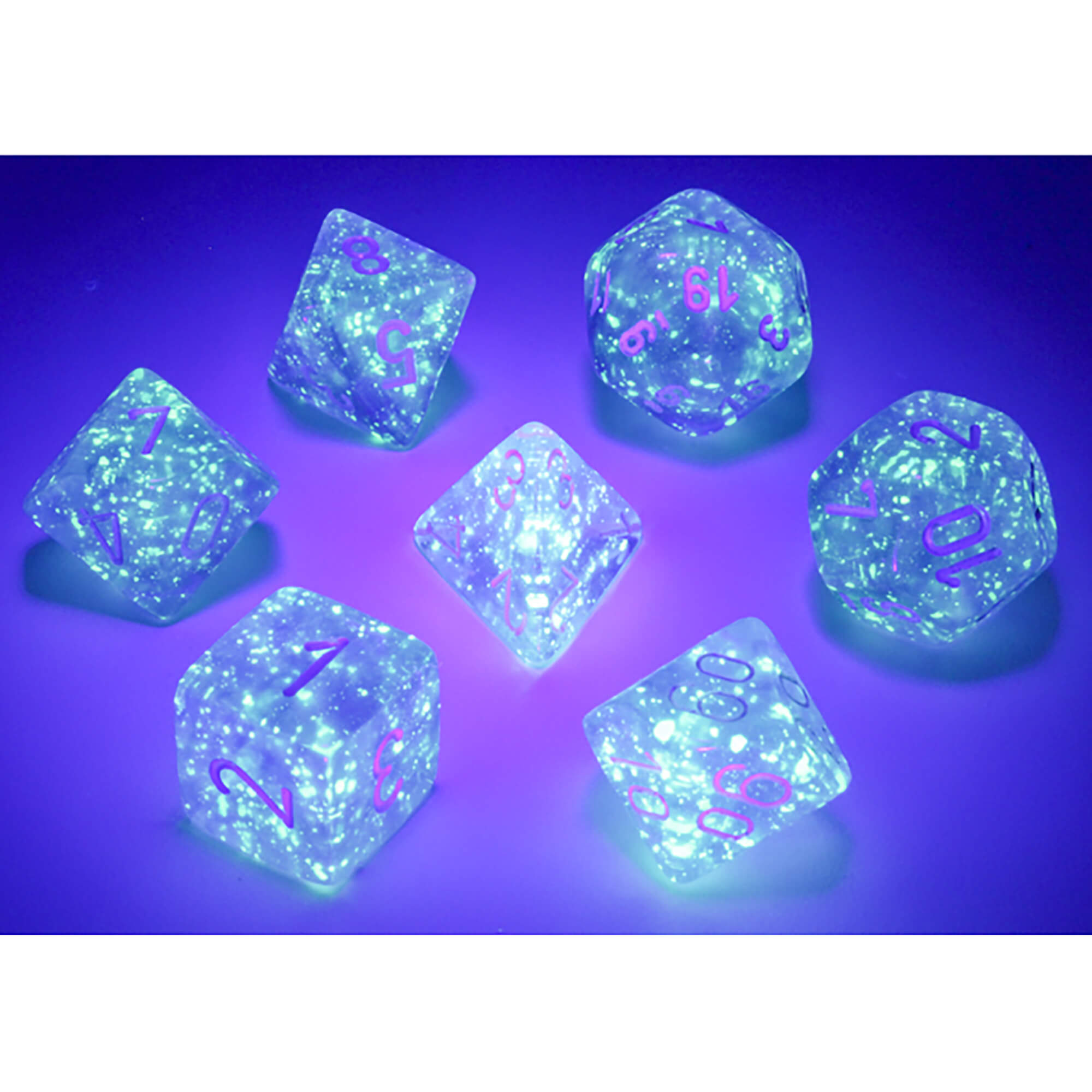 Chessex Borealis Purple White sada kostek 7ks svítící