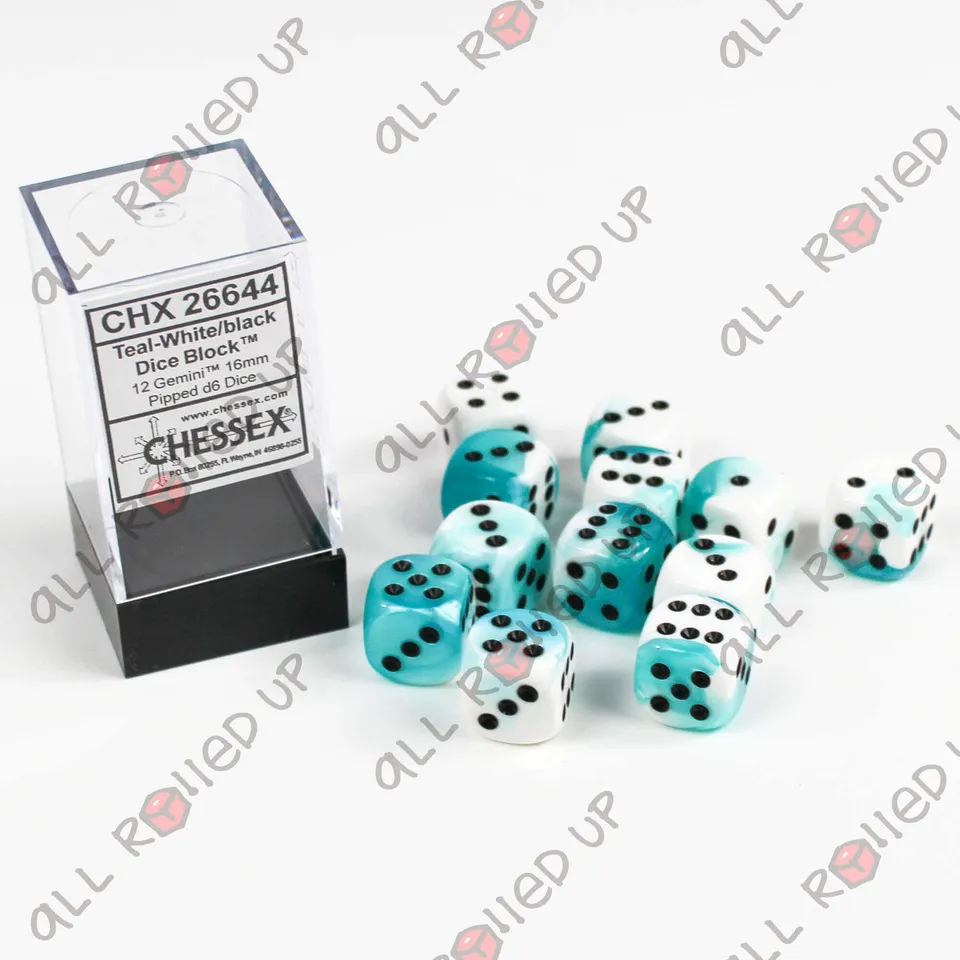 Chessex Gemini Teal-White-black D6 16mm sada kostek 12 ks