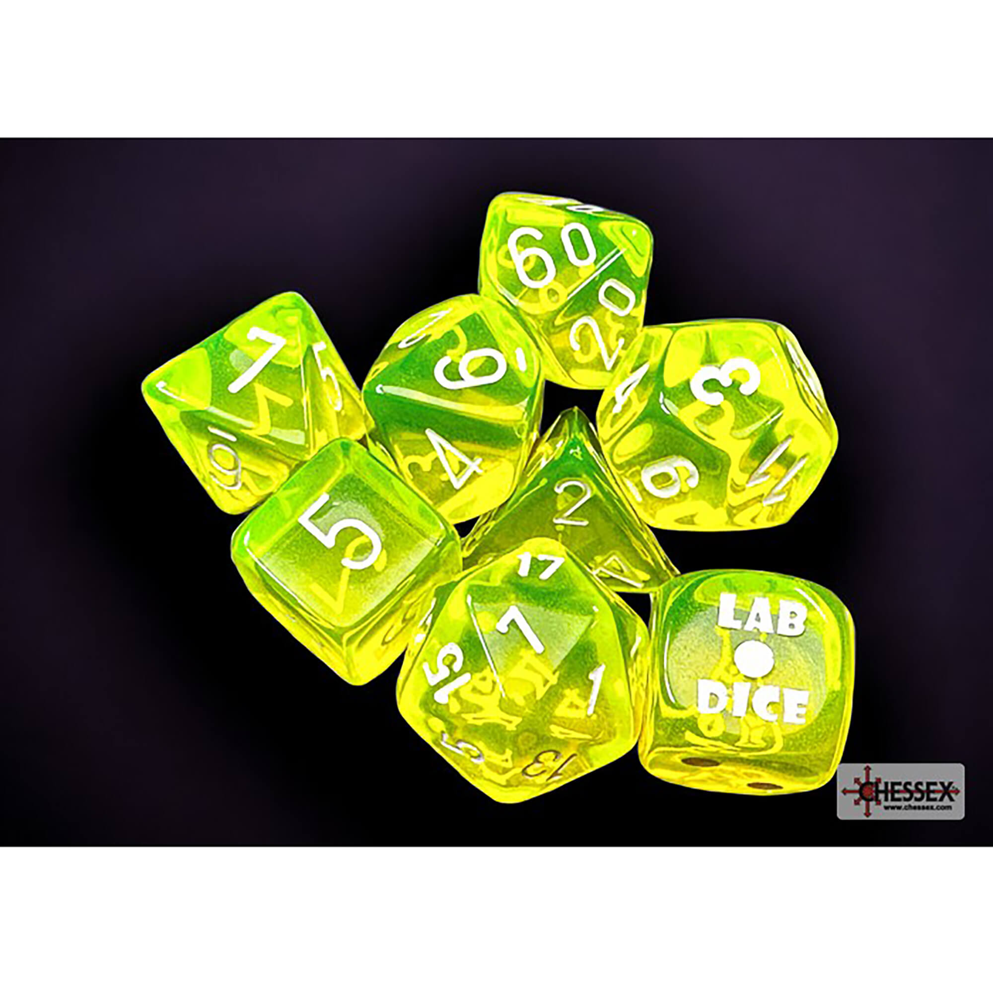 Chessex Lab Wave 7 sada kostek neonově žlutá 8 ks