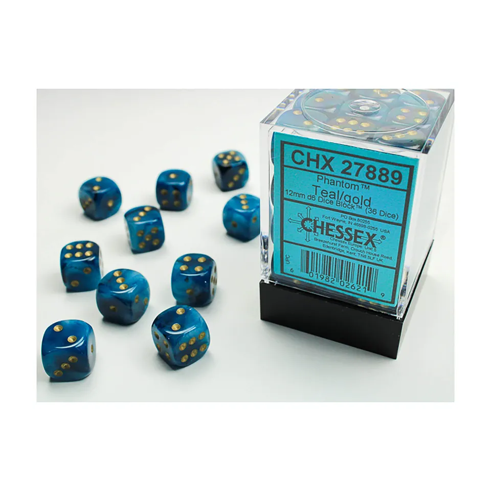 Chessex Phantom Teal Gold kostky D6 36 ks 12 mm