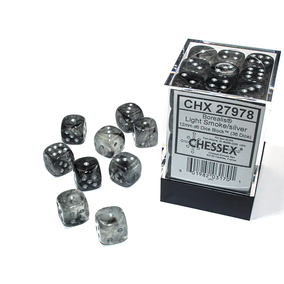 Chessex Borealis CHX27978 sada kostek D6 36 ks 12 mm kouřová