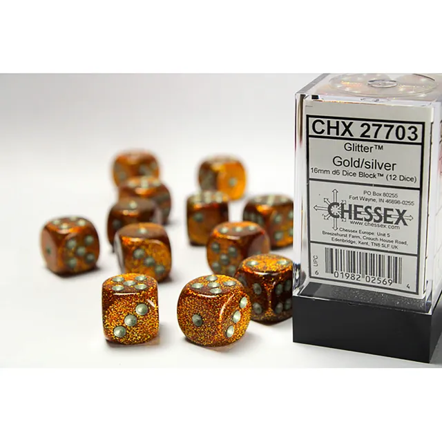 Chessex Glitter Gold Silver sada kostek D6 12 ks 16 mm