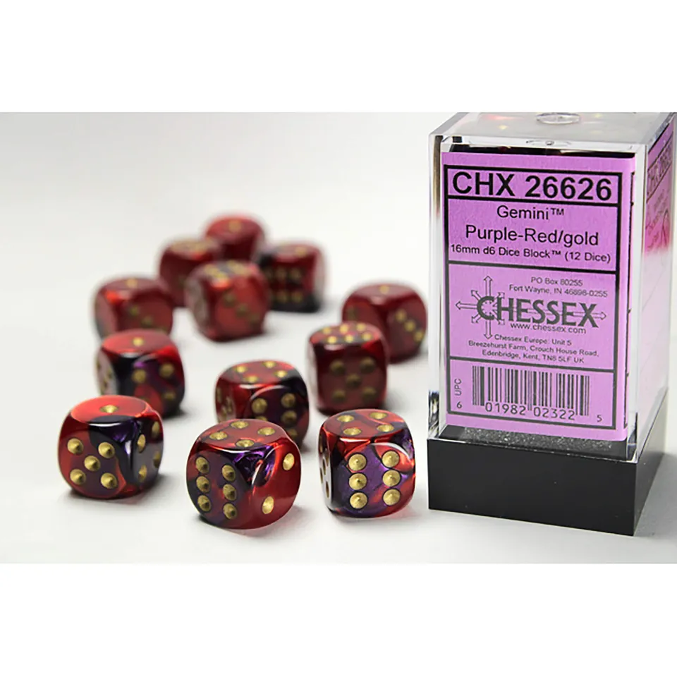 Chessex Gemini Purple-Red sada kostek D6 12 ks 16 mm