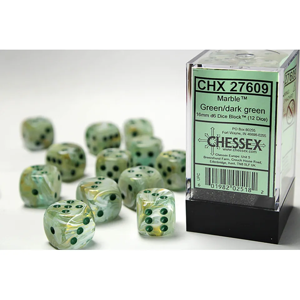 Chessex Marble Green 12x D6 16mm sada kostek