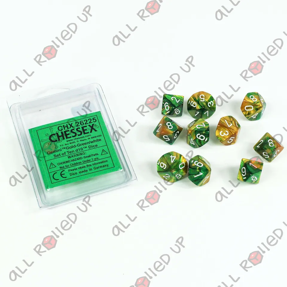 Chessex Gemini Gold-Green sada kostek 10x D10 bílá