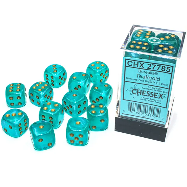 Chessex Borealis Teal Gold sada kostek D6 12 ks svítící