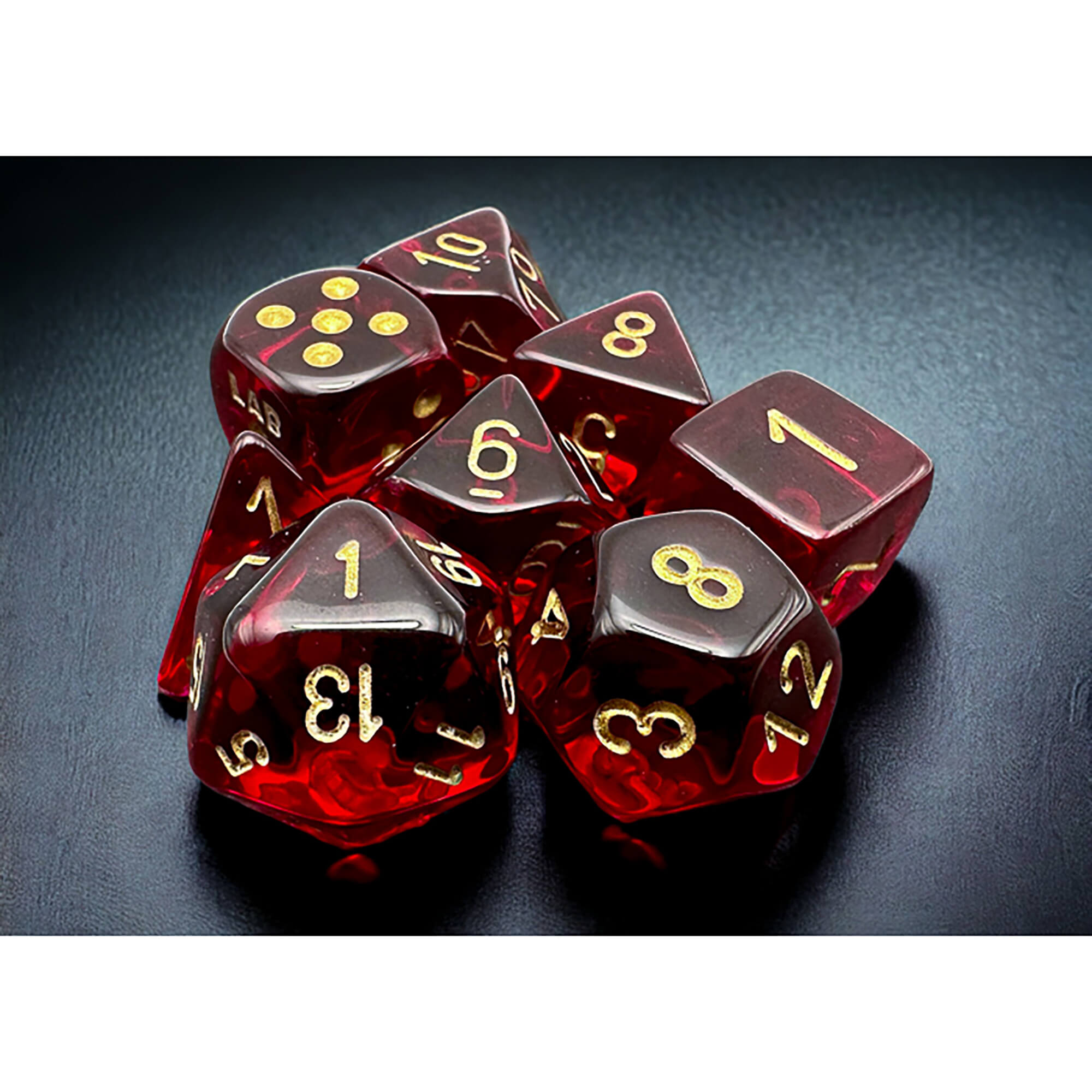 Chessex Lab Dice Wave 7 polyhedrální kostky Crimson Gold 8ks
