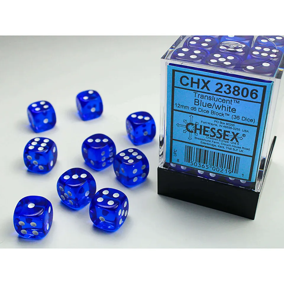 Chessex Translucent D6 sada kostek 36 ks modrá