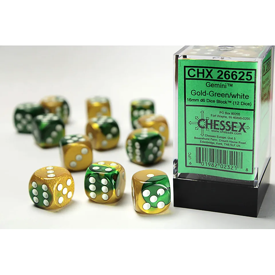Chessex Gemini Gold-Green sada kostek D6 12ks 16mm