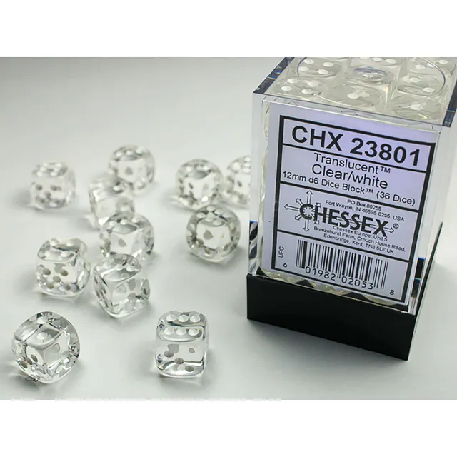 Chessex D6 36x 12mm Translucent Clear White kostky