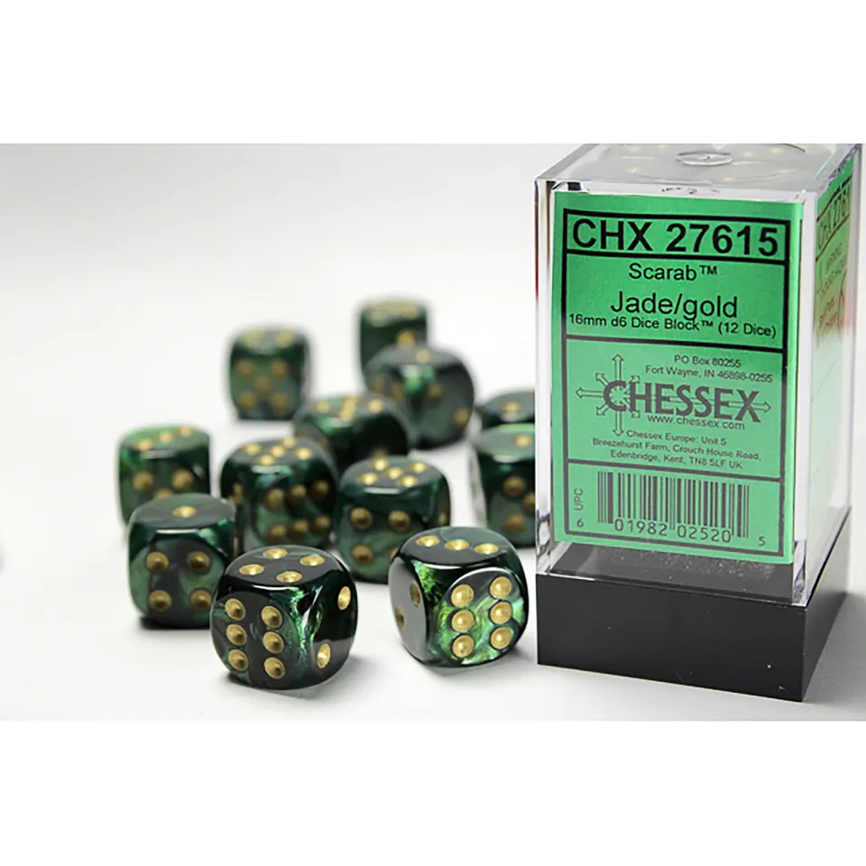 Chessex Scarab D6 16mm sada kostek 12 ks jade gold